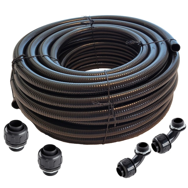 Liquid-Tight Flex Plastic Conduit, 1/2 in Trade Size, 100 ft, PVC, Black